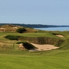 Pete Dye's signature railroad ties make an appearance near the 11th green on the Straits Course at Whistling Straits.